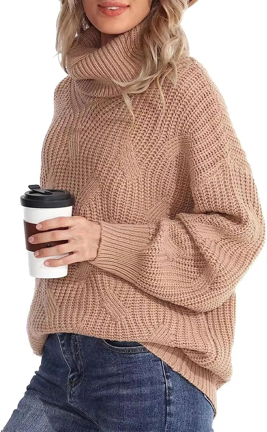 Oversized Turtleneck Sweater Women Mock Neck Long Sleeve Chunky Knit Sweaters Cozy Cowl High Neck Knitted Jumper Top