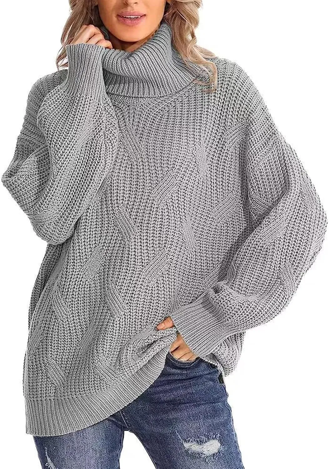 Oversized Turtleneck Sweater Women Mock Neck Long Sleeve Chunky Knit Sweaters Cozy Cowl High Neck Knitted Jumper Top