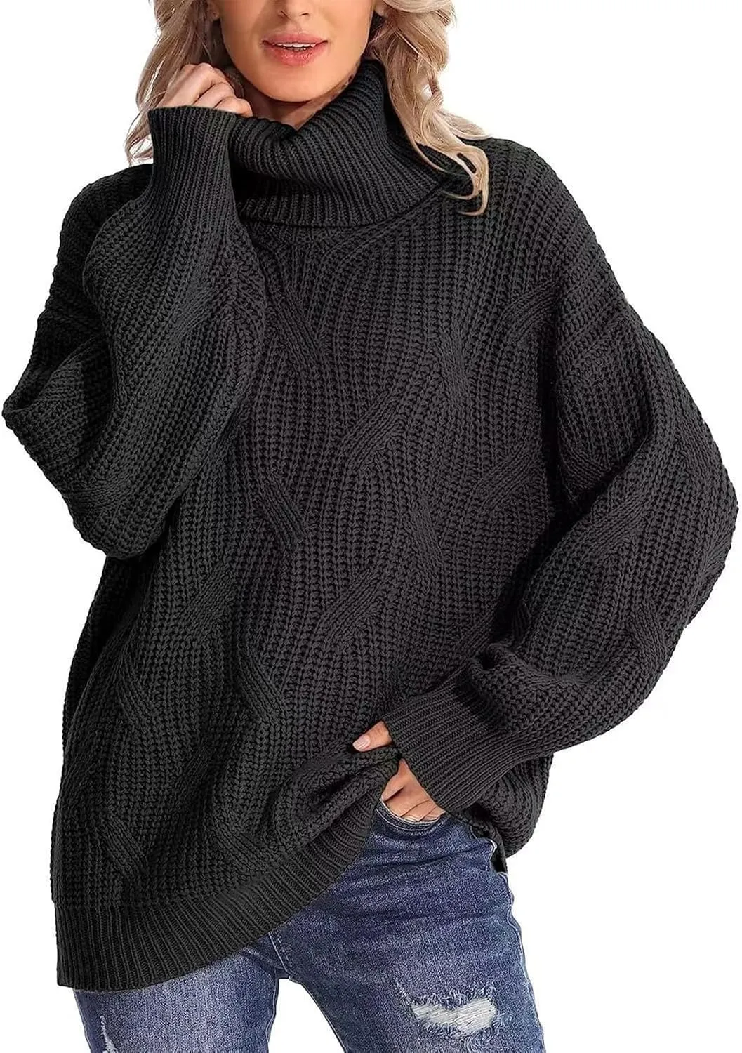 Oversized Turtleneck Sweater Women Mock Neck Long Sleeve Chunky Knit Sweaters Cozy Cowl High Neck Knitted Jumper Top