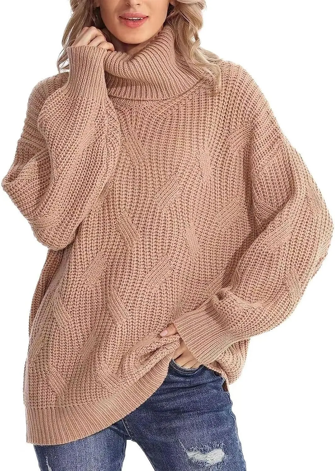 Oversized Turtleneck Sweater Women Mock Neck Long Sleeve Chunky Knit Sweaters Cozy Cowl High Neck Knitted Jumper Top