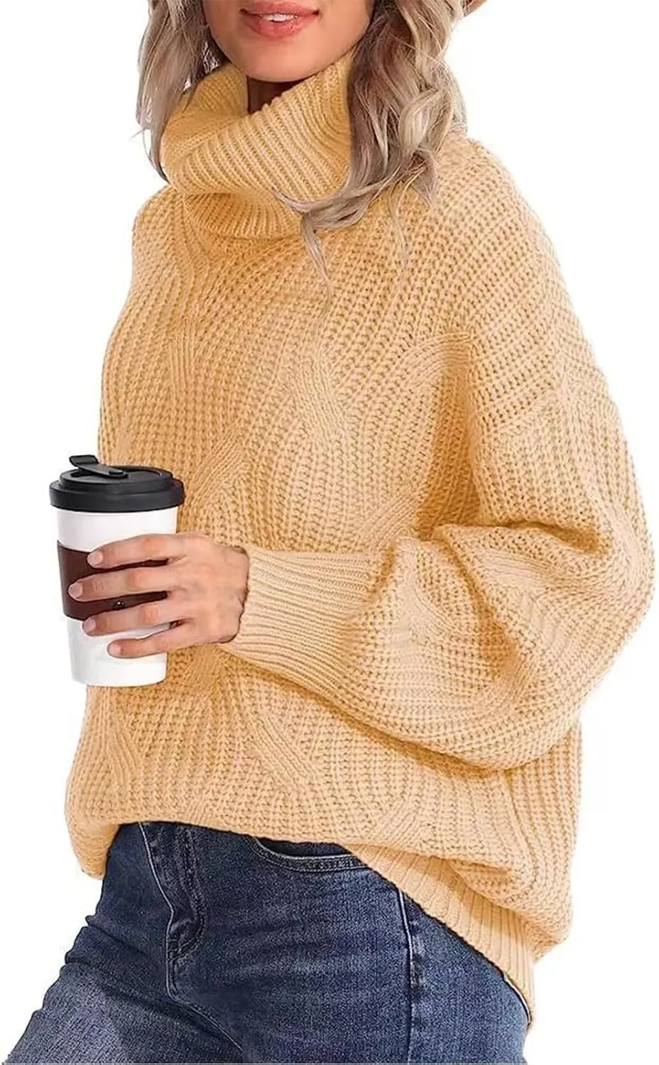 Oversized Turtleneck Sweater Women Mock Neck Long Sleeve Chunky Knit Sweaters Cozy Cowl High Neck Knitted Jumper Top