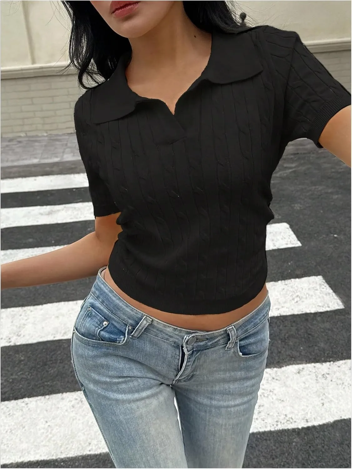 OYOANGLE Women's Short Sleeve Cable Knit Tee Top Basic Solid Collared Neck Pullover Shirts