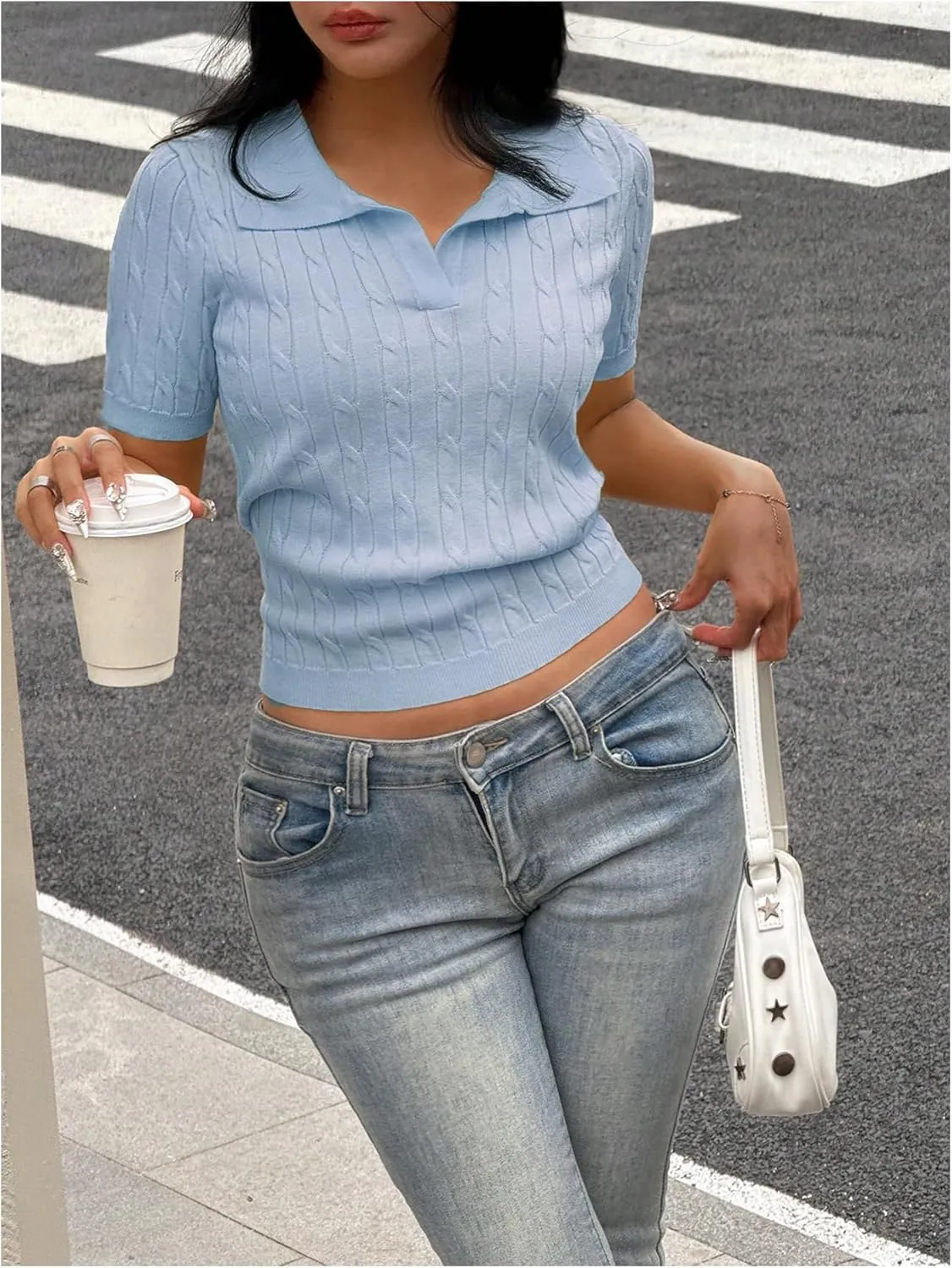 OYOANGLE Women's Short Sleeve Cable Knit Tee Top Basic Solid Collared Neck Pullover Shirts