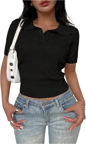 OYOANGLE Women's Short Sleeve Cable Knit Tee Top Basic Solid Collared Neck Pullover Shirts