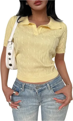 OYOANGLE Women's Short Sleeve Cable Knit Tee Top Basic Solid Collared Neck Pullover Shirts