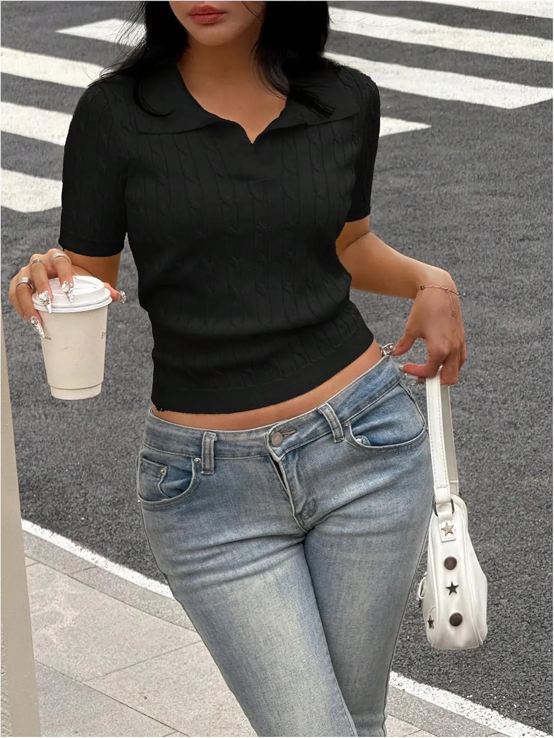 OYOANGLE Women's Short Sleeve Cable Knit Tee Top Basic Solid Collared Neck Pullover Shirts