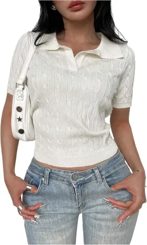 OYOANGLE Women's Short Sleeve Cable Knit Tee Top Basic Solid Collared Neck Pullover Shirts
