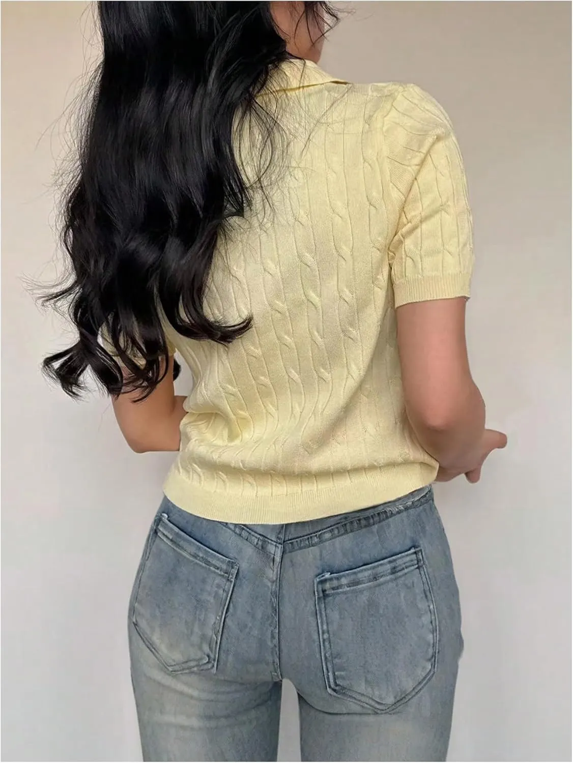 OYOANGLE Women's Short Sleeve Cable Knit Tee Top Basic Solid Collared Neck Pullover Shirts