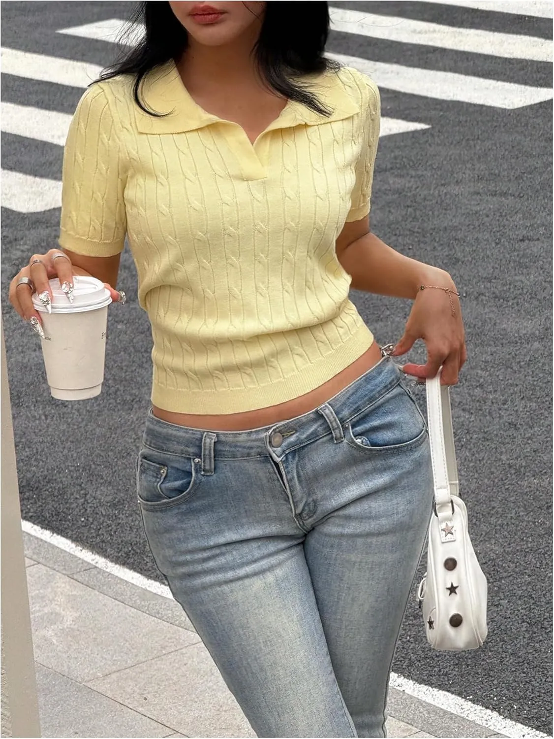 OYOANGLE Women's Short Sleeve Cable Knit Tee Top Basic Solid Collared Neck Pullover Shirts