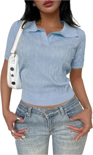 OYOANGLE Women's Short Sleeve Cable Knit Tee Top Basic Solid Collared Neck Pullover Shirts
