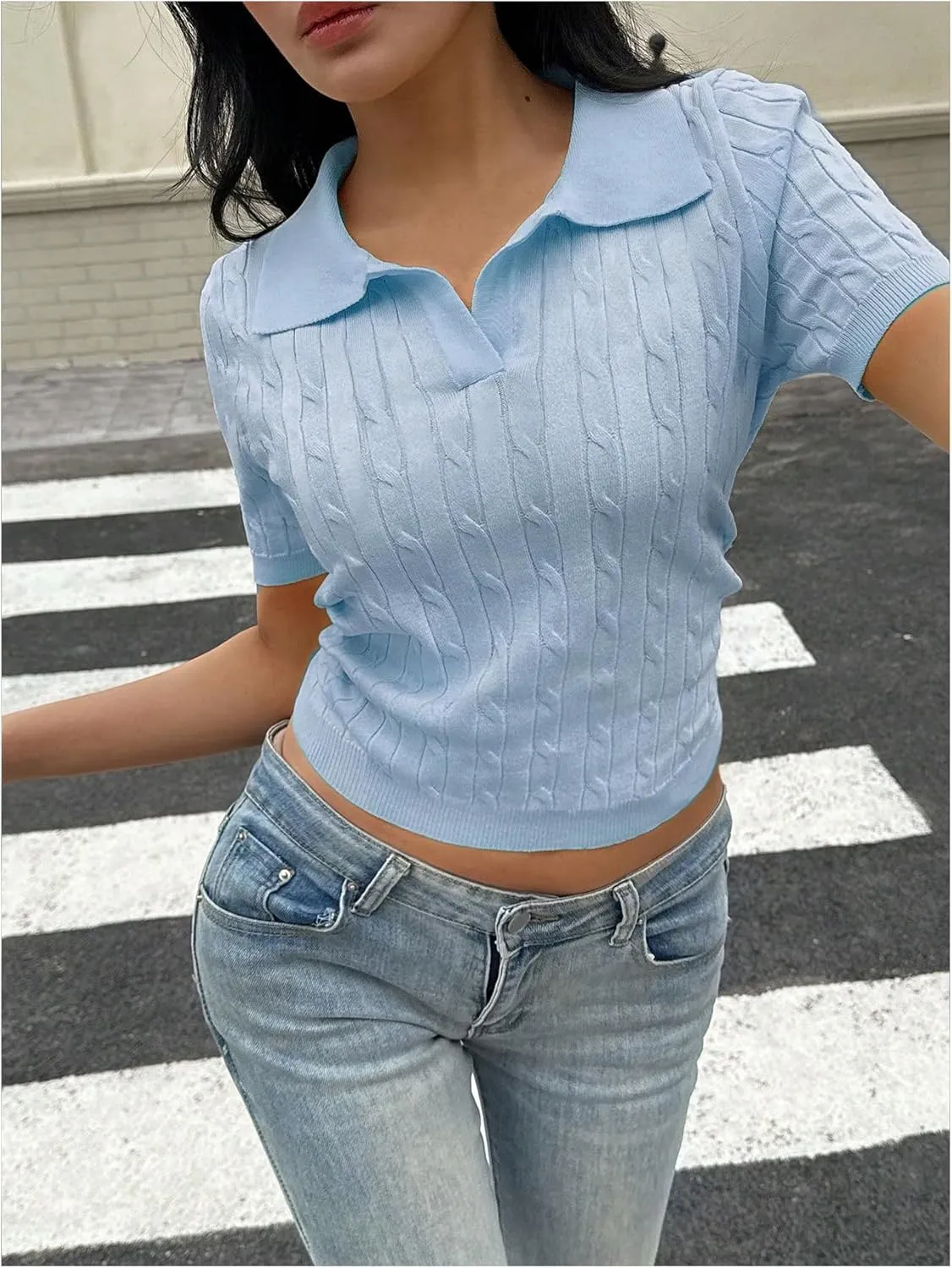 OYOANGLE Women's Short Sleeve Cable Knit Tee Top Basic Solid Collared Neck Pullover Shirts