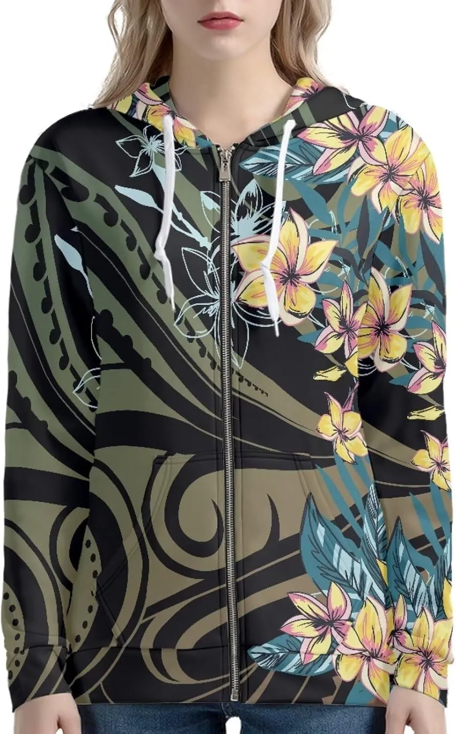 Pacific Island Art Tribal Zip Up Hoodie for Women Casual Polynesian Samoan Traditional Hooded Sweatshirt Jacket