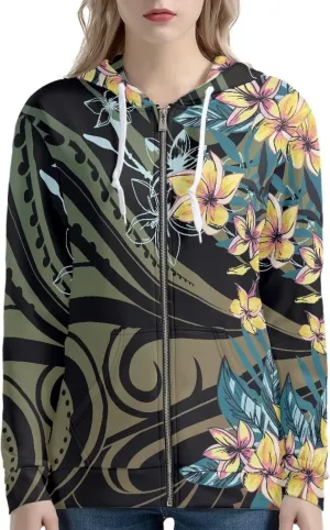 Pacific Island Art Tribal Zip Up Hoodie for Women Casual Polynesian Samoan Traditional Hooded Sweatshirt Jacket