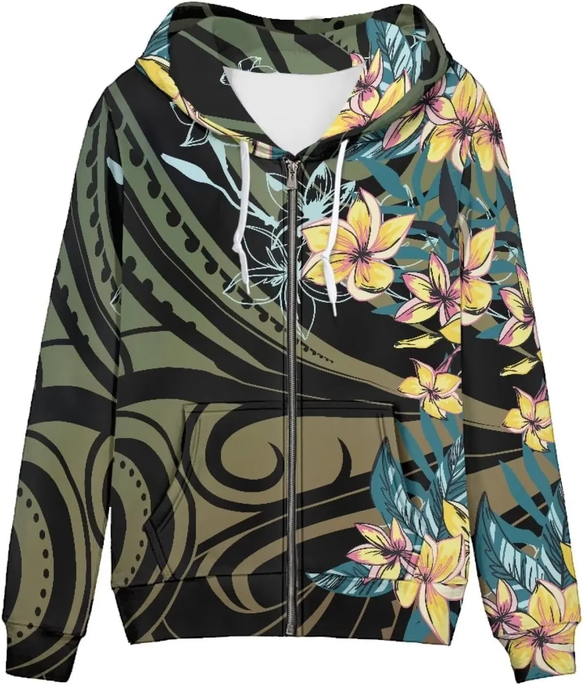 Pacific Island Art Tribal Zip Up Hoodie for Women Casual Polynesian Samoan Traditional Hooded Sweatshirt Jacket