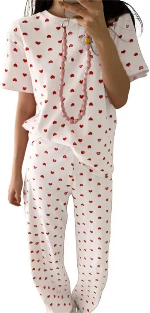 Pajama Sets for Womens Knit Lounge Set Heart Print Short Sleeve Sleepwear 2 Piece Outfits