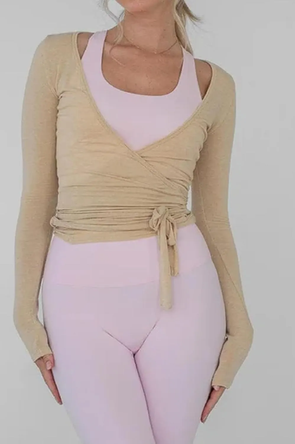 Pilates Ballet Wrap Tops for Women Y2K Long Sleeve Tie Front Yoga Shirts Slim Fit V Neck Bandage Workout Tops