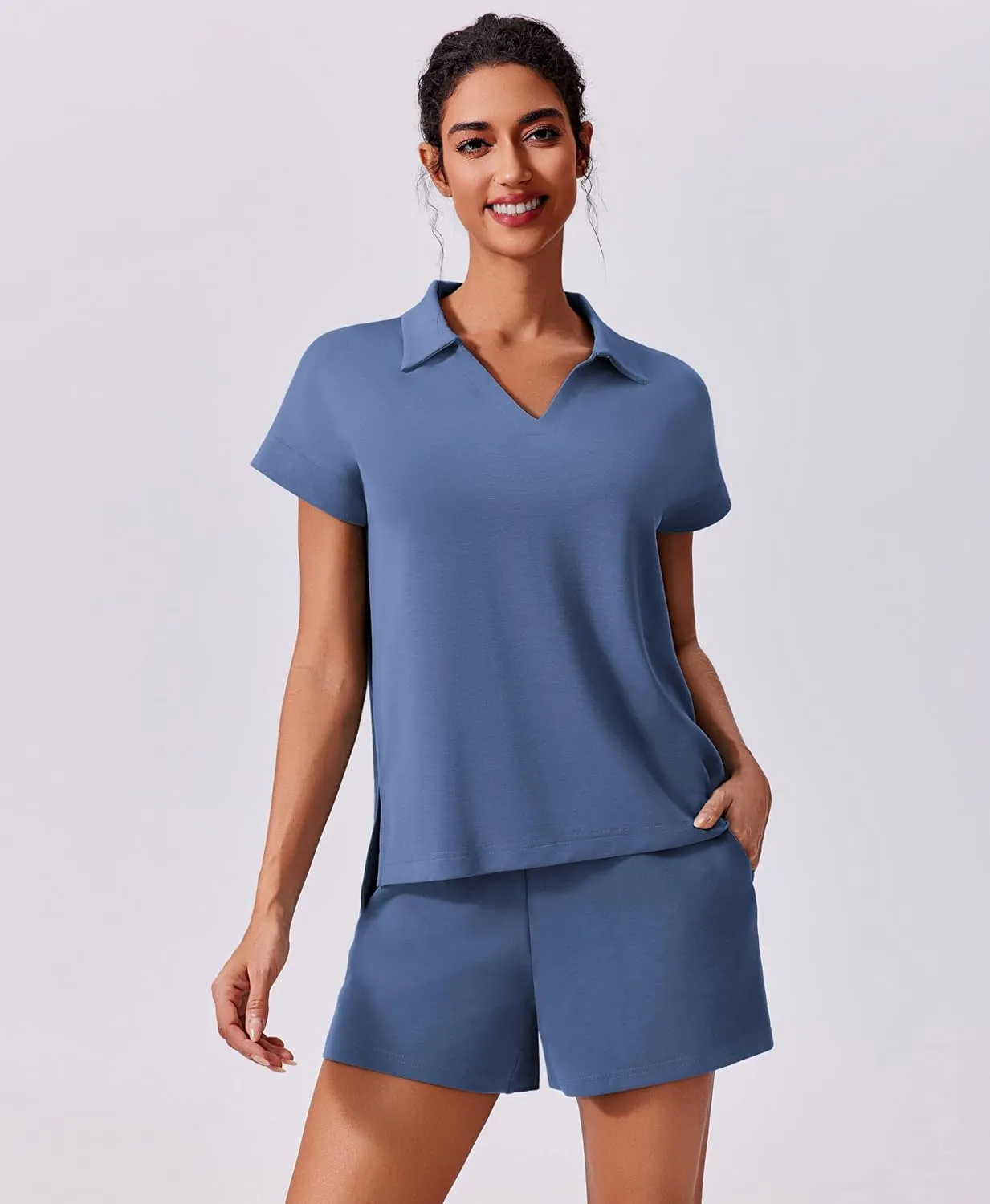 PINSPARK 2 Piece Sets for Women Summer Lounge Sets Short Sleeve Sweatsuit V-neck Tops and Drawstring Shorts Outfits Tracksuit