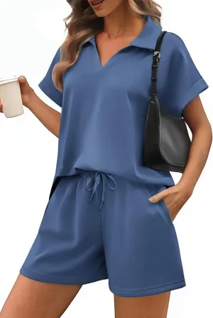 PINSPARK 2 Piece Sets for Women Summer Lounge Sets Short Sleeve Sweatsuit V-neck Tops and Drawstring Shorts Outfits Tracksuit