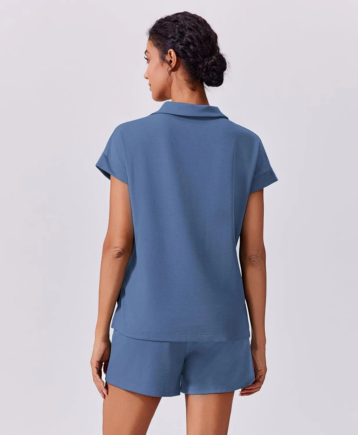 PINSPARK 2 Piece Sets for Women Summer Lounge Sets Short Sleeve Sweatsuit V-neck Tops and Drawstring Shorts Outfits Tracksuit
