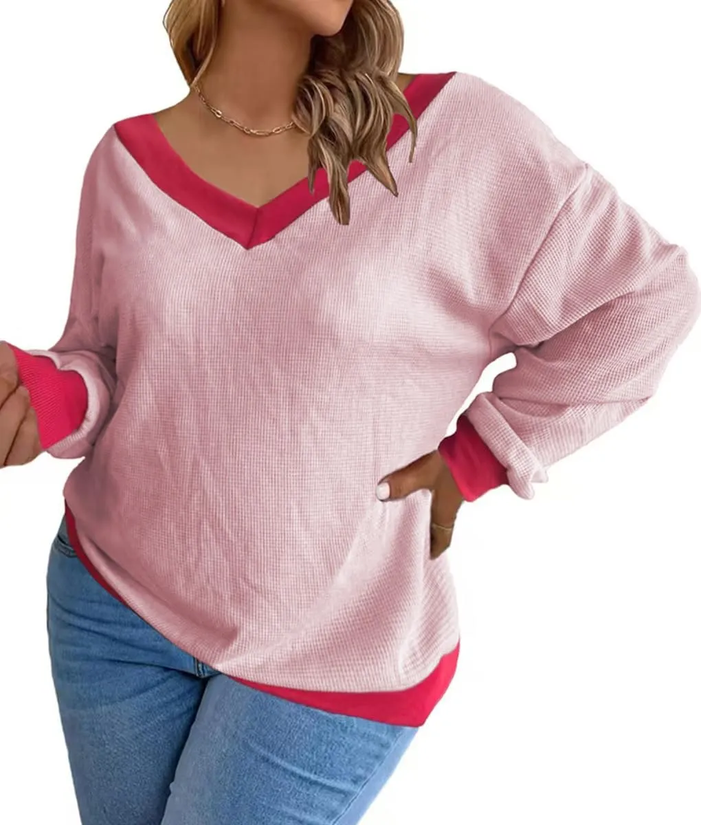 Plus-Size-Sweaters for Women Long Sleeve Waffle Knit V Neck Pullover Tops 1X-5X