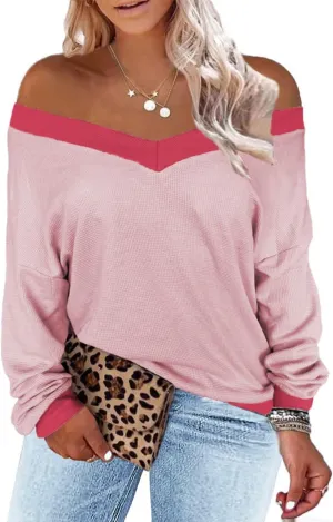 Plus-Size-Sweaters for Women Long Sleeve Waffle Knit V Neck Pullover Tops 1X-5X