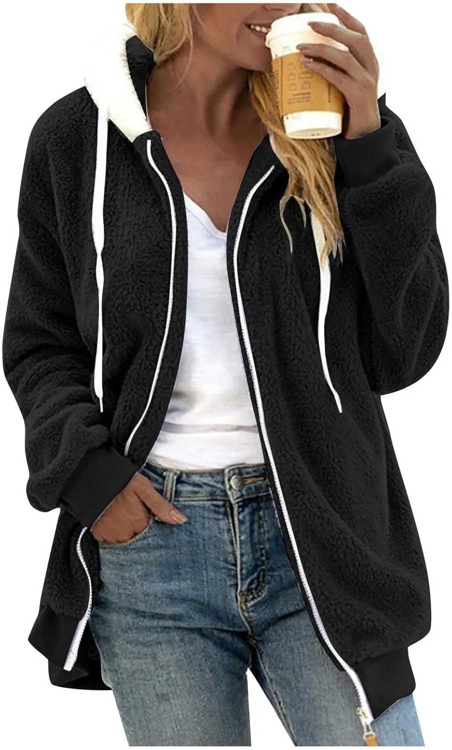 Plus Size Winter Coats for Women Drawstring Fuzzy Fleece Zip Up Hoodie Jacket Color Block Long Faux Fur Coat with Pocket