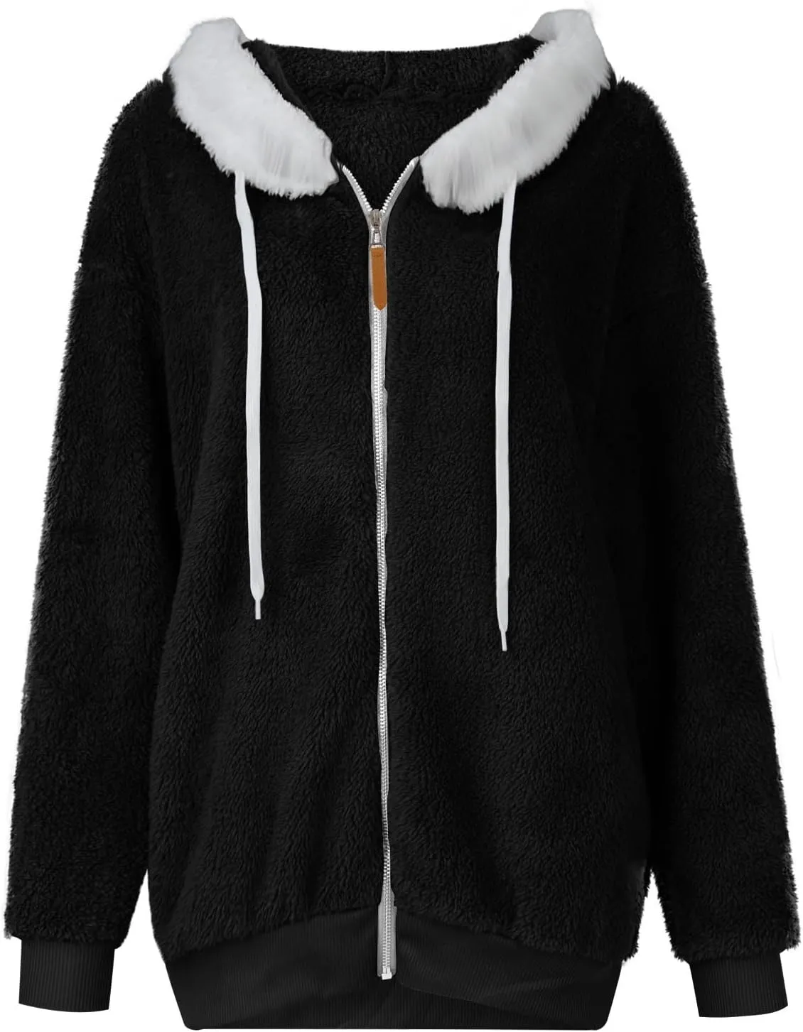 Plus Size Winter Coats for Women Drawstring Fuzzy Fleece Zip Up Hoodie Jacket Color Block Long Faux Fur Coat with Pocket