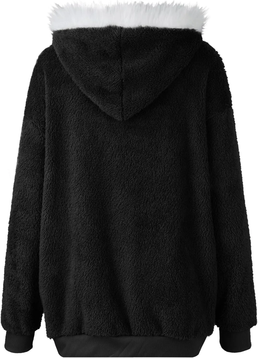Plus Size Winter Coats for Women Drawstring Fuzzy Fleece Zip Up Hoodie Jacket Color Block Long Faux Fur Coat with Pocket