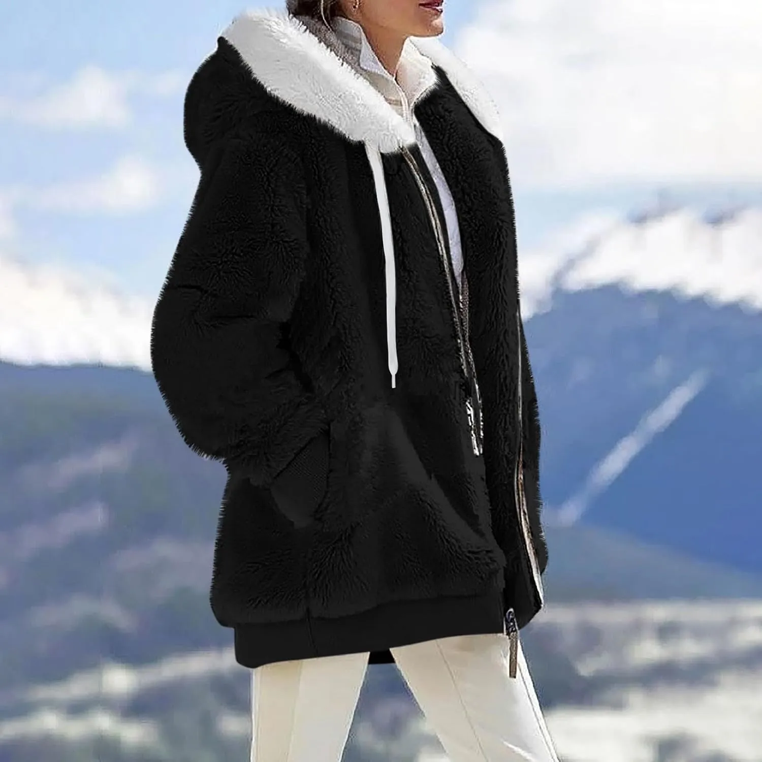 Plus Size Winter Coats for Women Drawstring Fuzzy Fleece Zip Up Hoodie Jacket Color Block Long Faux Fur Coat with Pocket