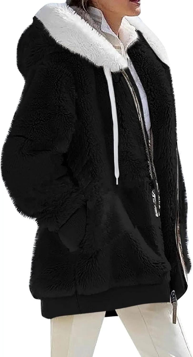 Plus Size Winter Coats for Women Drawstring Fuzzy Fleece Zip Up Hoodie Jacket Color Block Long Faux Fur Coat with Pocket