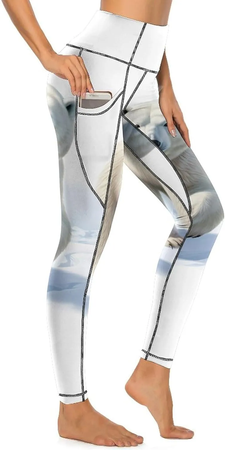 Polar Bear White Women's Yoga Pants Leggings with Pockets High Waist Compression Workout Pants