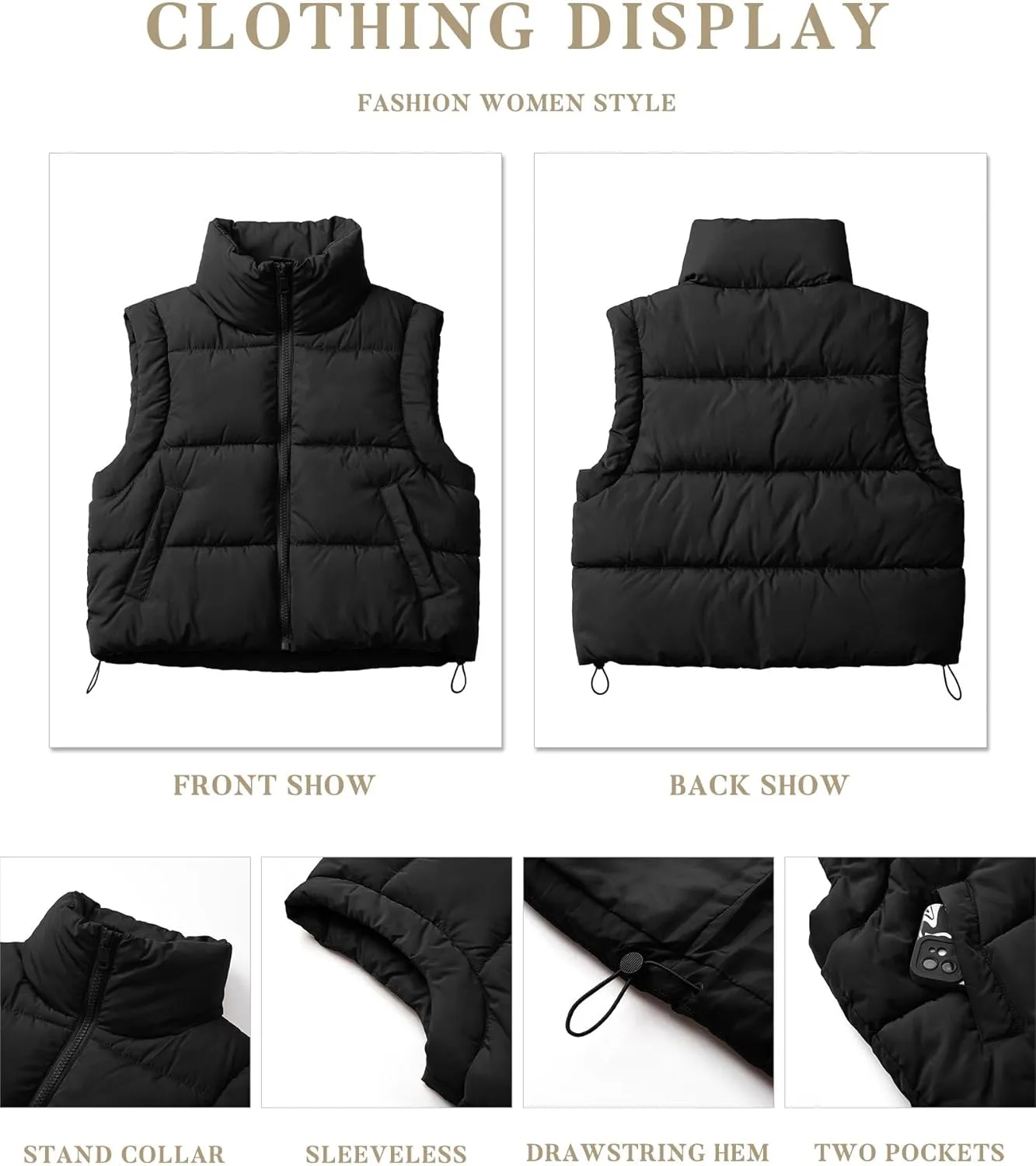 Puffer Vest Women Sleeveless Zip Up Outerwear Warm Lightweight Winter Jackets Coats with Pocket