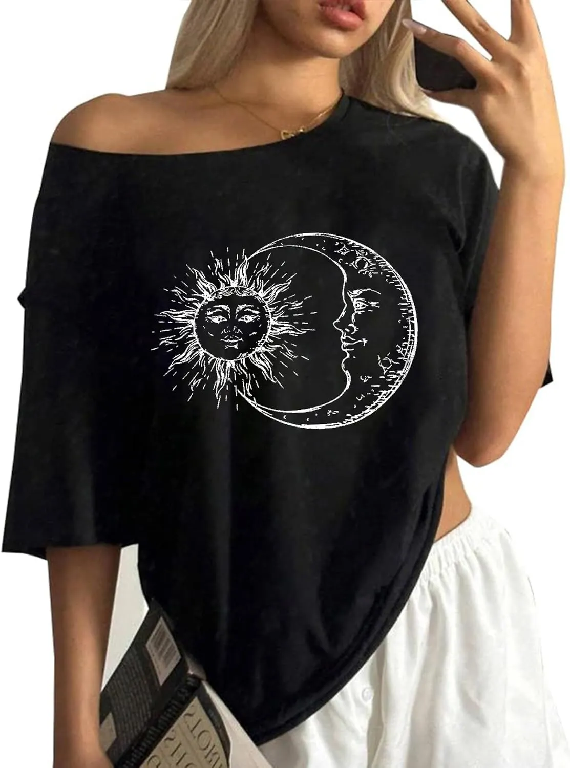 Remidoo Womens Off The Shoulder Top Oversized Tshirts Graphic Tee Short Sleeve Loose Shirt