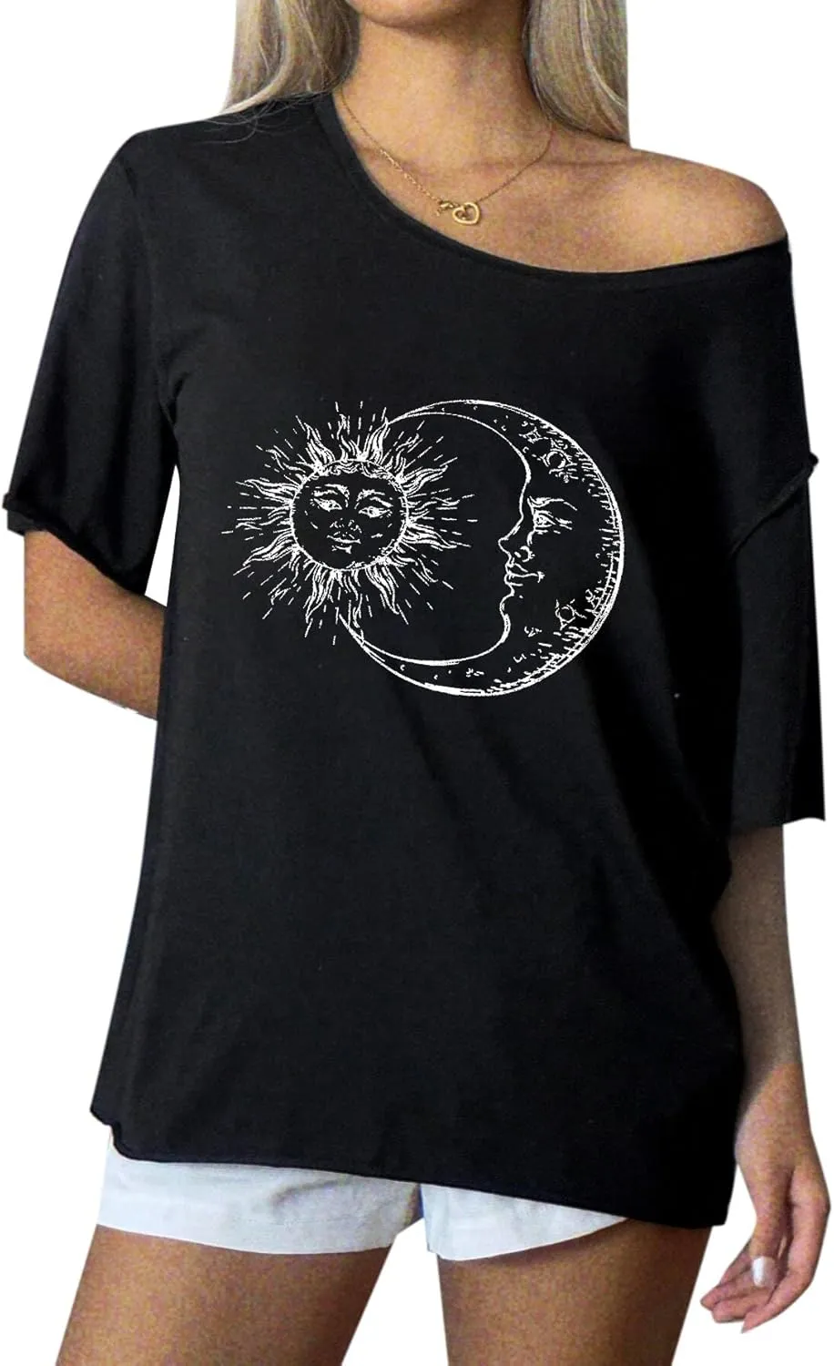 Remidoo Womens Off The Shoulder Top Oversized Tshirts Graphic Tee Short Sleeve Loose Shirt