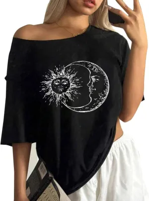Remidoo Womens Off The Shoulder Top Oversized Tshirts Graphic Tee Short Sleeve Loose Shirt