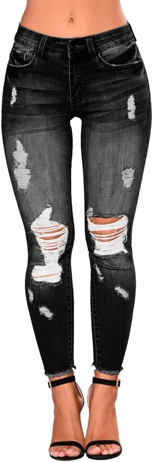 Ripped Jeans Womens Skinny Stretchy High Waisted Plus Size Raw Hem Denim Boyfriend Butt Lifting Jeggings with Pockets