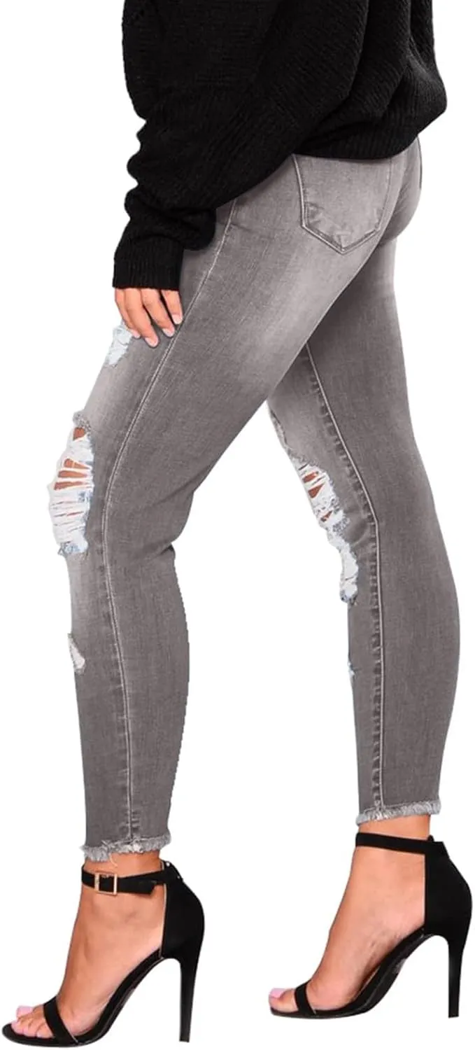 Ripped Jeans Womens Skinny Stretchy High Waisted Plus Size Raw Hem Denim Boyfriend Butt Lifting Jeggings with Pockets