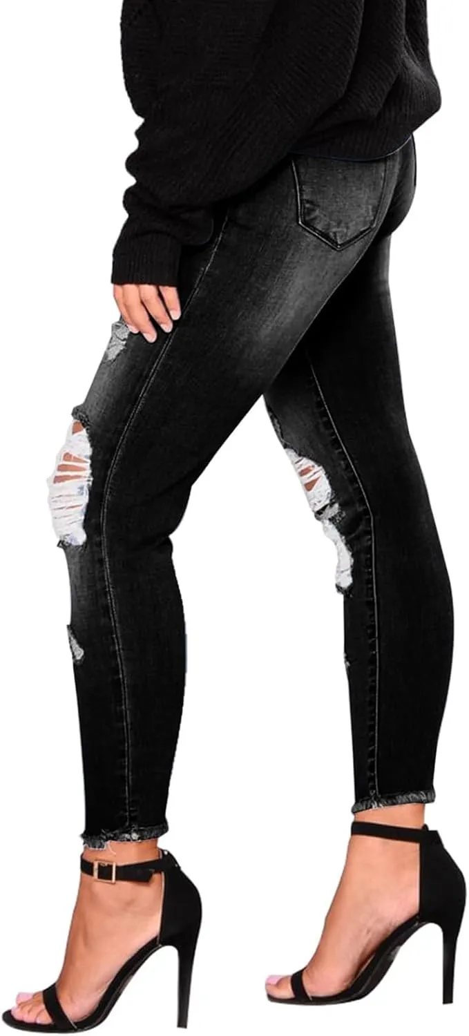 Ripped Jeans Womens Skinny Stretchy High Waisted Plus Size Raw Hem Denim Boyfriend Butt Lifting Jeggings with Pockets