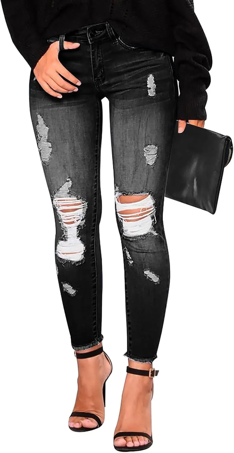 Ripped Jeans Womens Skinny Stretchy High Waisted Plus Size Raw Hem Denim Boyfriend Butt Lifting Jeggings with Pockets