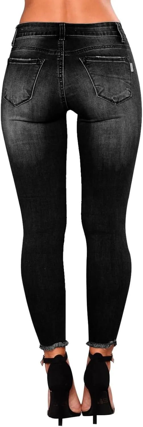 Ripped Jeans Womens Skinny Stretchy High Waisted Plus Size Raw Hem Denim Boyfriend Butt Lifting Jeggings with Pockets