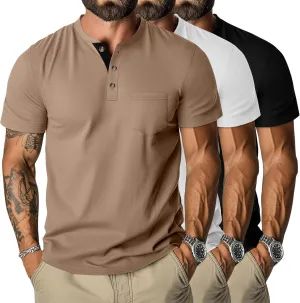 Riyiper 3 Pack Men's Henley T-Shirts Short Sleeve Pocket Cotton Classic Tops Casual Basic Tees with Button Summer Trendy
