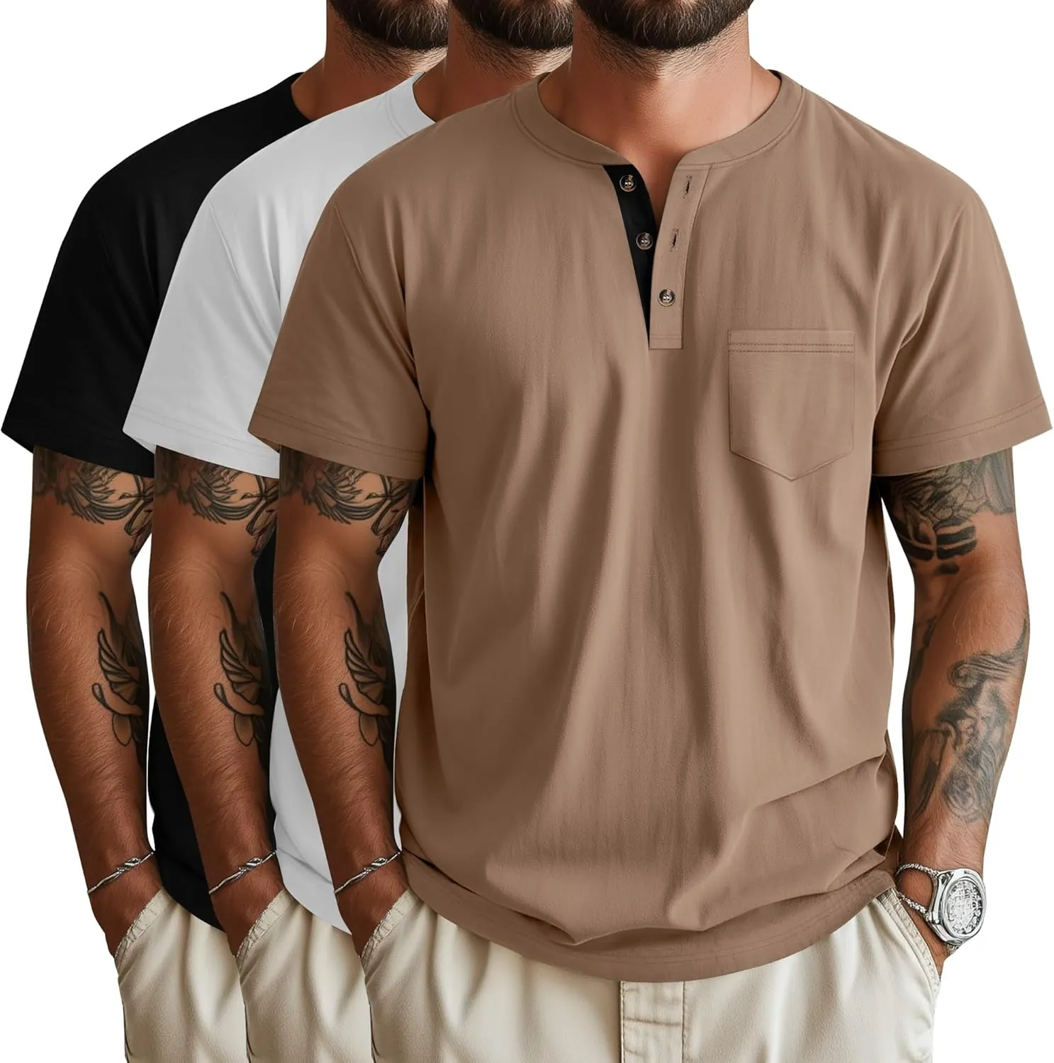 Riyiper 3 Pack Men's Henley T-Shirts Short Sleeve Pocket Cotton Classic Tops Casual Basic Tees with Button Summer Trendy