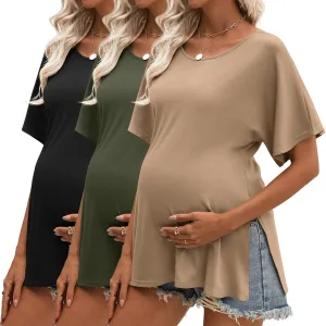 Riyiper 3 Pack Women's Maternity Shirts Cotton Summer Clothes Tunic Split Side Pregnancy Tops Round Neck Oversized Blouse