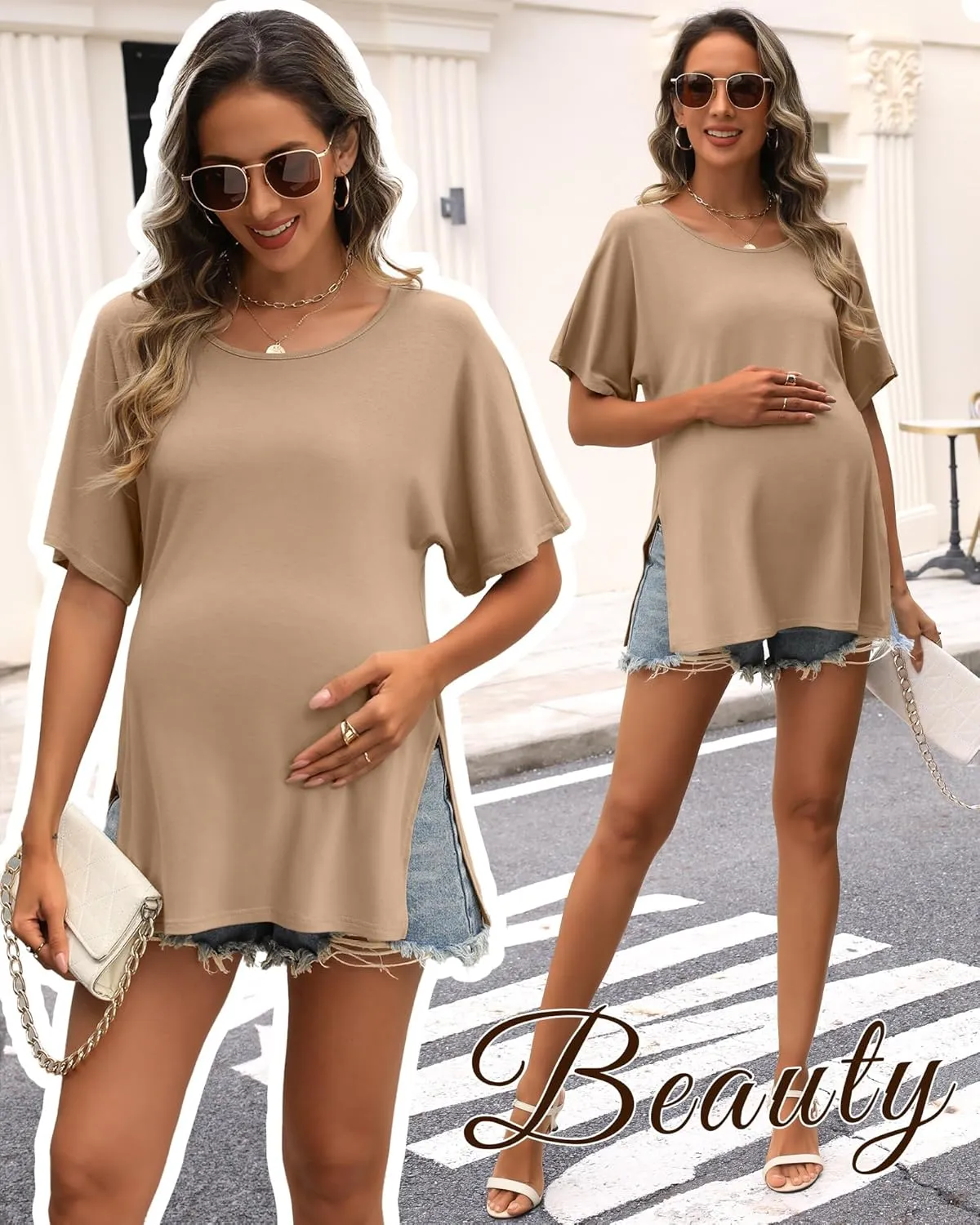 Riyiper 3 Pack Women's Maternity Shirts Cotton Summer Clothes Tunic Split Side Pregnancy Tops Round Neck Oversized Blouse