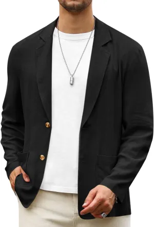 Runcati Mens Casual Linen Blazer Suit Jacket Two Button Slim Fit Lightweight Business Sport Coats Black