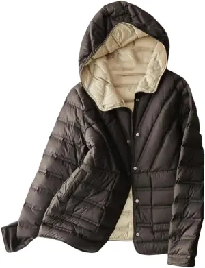 SaoBiiu Women Ultra Light Down Jacket Double Sided Puffer Coat With Hooded Casual Short Reversible Parkas