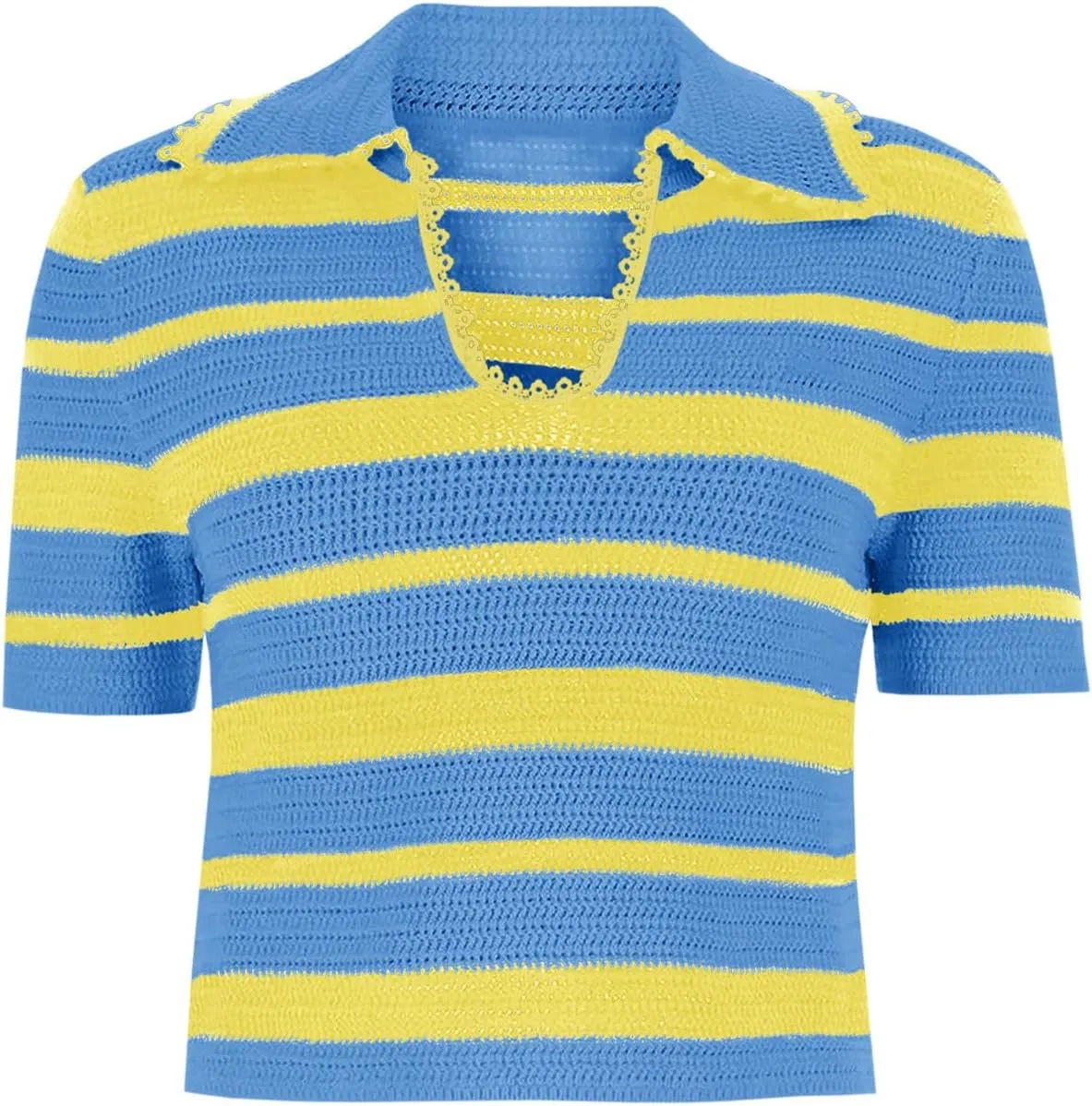 Saodimallsu Womens Cropped Striped Sweater Top Summer Short Sleeve V Neck Collared Going Out Trendy Loose Polo Shirt
