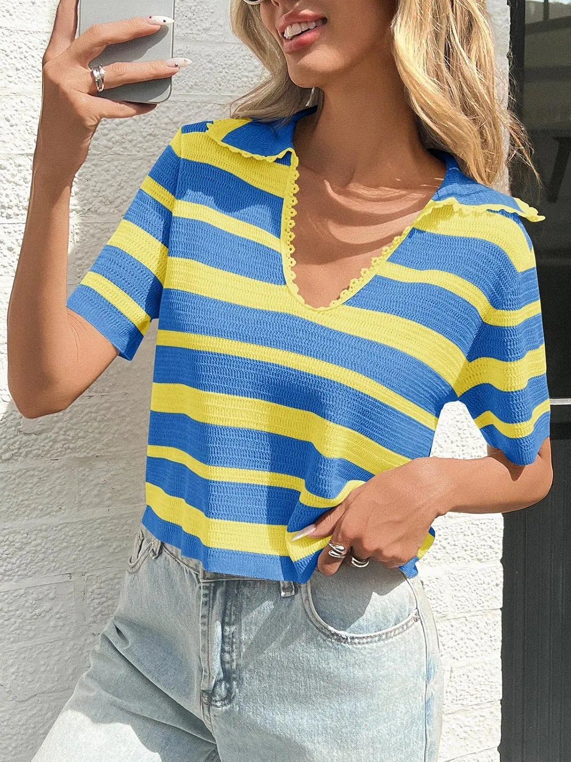 Saodimallsu Womens Cropped Striped Sweater Top Summer Short Sleeve V Neck Collared Going Out Trendy Loose Polo Shirt