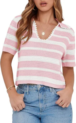 Saodimallsu Womens Cropped Striped Sweater Top Summer Short Sleeve V Neck Collared Going Out Trendy Loose Polo Shirt