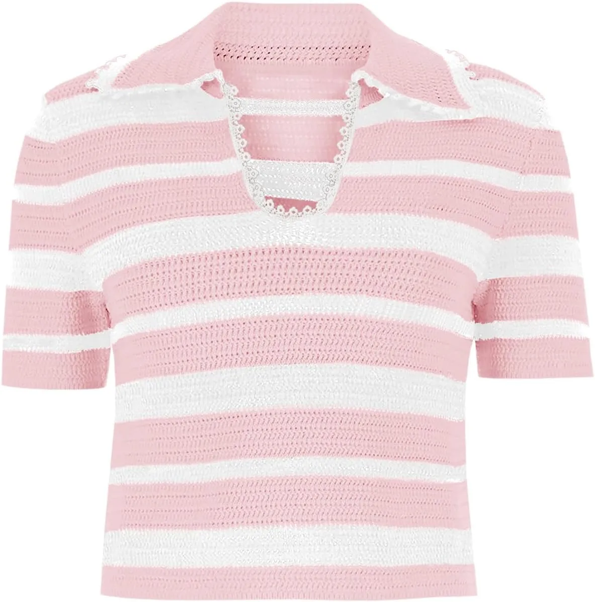 Saodimallsu Womens Cropped Striped Sweater Top Summer Short Sleeve V Neck Collared Going Out Trendy Loose Polo Shirt